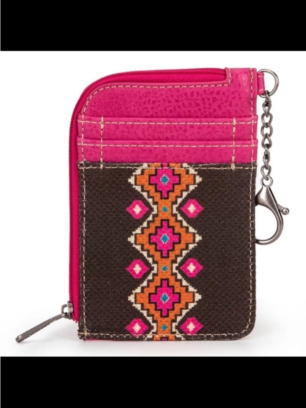 Wrangler Pink and Brown Tribal Zip Card Wallet with Keychain